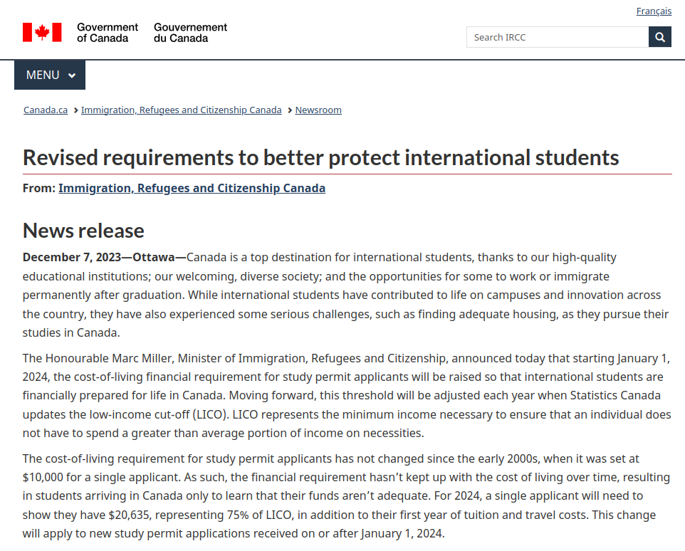 Canada IRCC updated requirements for International Students 2024