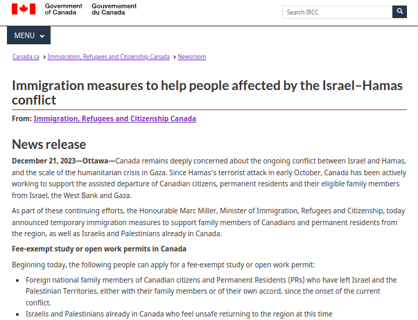 Israel–Hamas Conflict | Canada's Temporary Immigration Measures