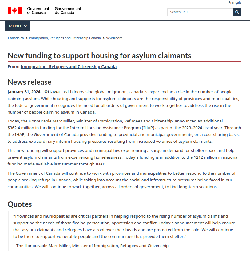Canada Adds $362M Funding to IHAP for Housing Asylum Seekers