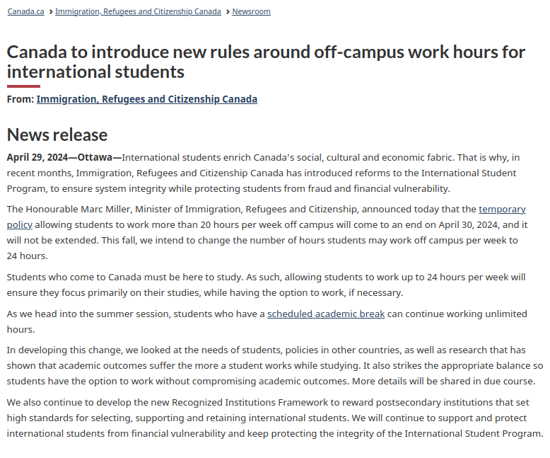 IRCC will not extend temporary Off-Campus Work Hours Policy for International Students