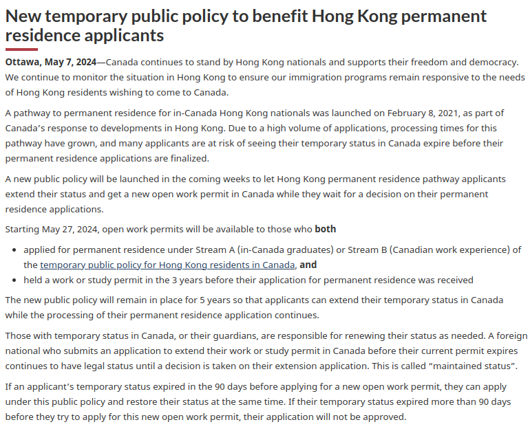 Canada's New Temporary Open Work Permit Policy for Hong Kong Permanent Residence Applicants 2024