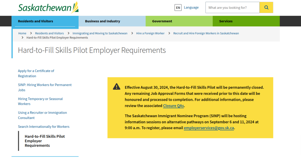 Saskatchewan Announces the Closure of the SINP Hard-to-Fill Skills Pilot Program