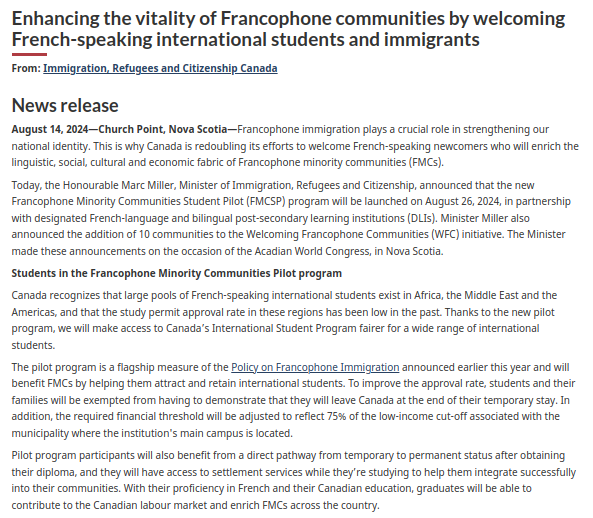 Canada's new PR pathway for French-speaking Students | Francophone Minority Communities Student Pilot Program FMCSP 2024