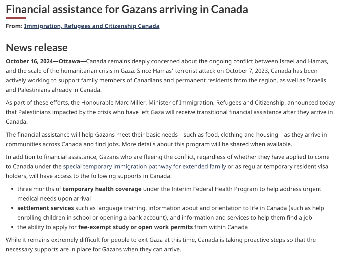 Canada Provides Transitional Financial Assistance for Palestinians from Gaza | October 16, 2024