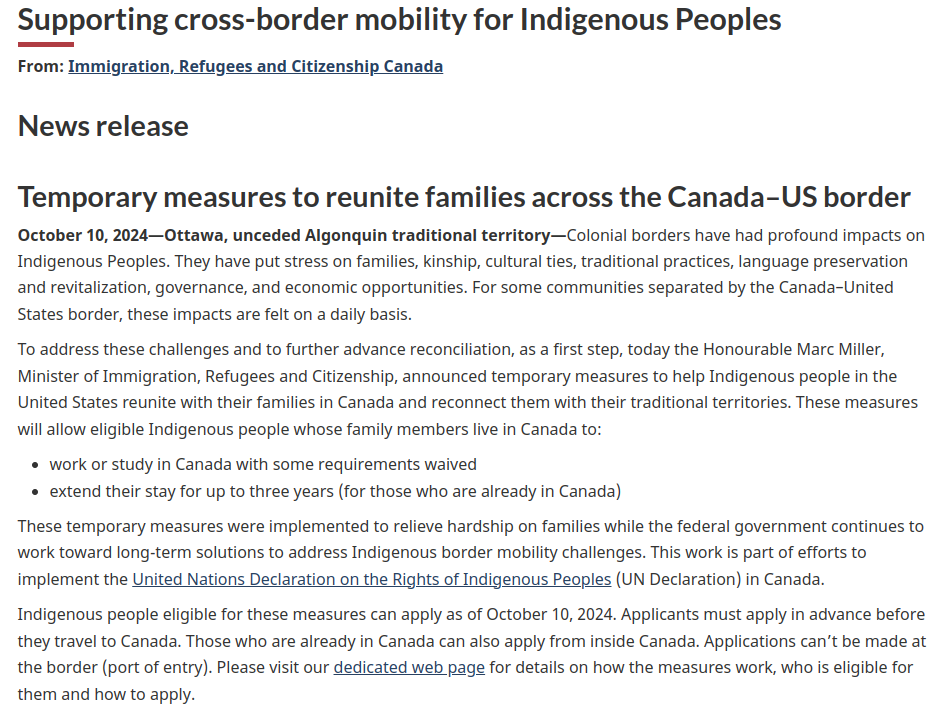 Canada Implement Temporary Measures to Support Indigenous Mobility Across Canada-US Border | October 10, 2024