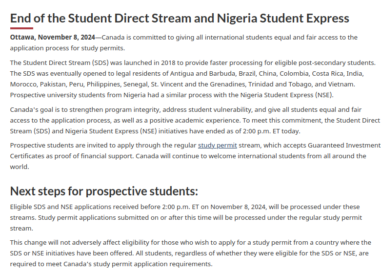 Canada Closes Student Direct Stream (SDS) Study Permit Application Channel