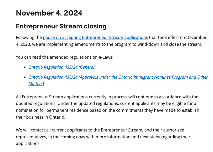 Canada announced the closure of Ontario Entrepreneur Stream | 4 Nov 2024